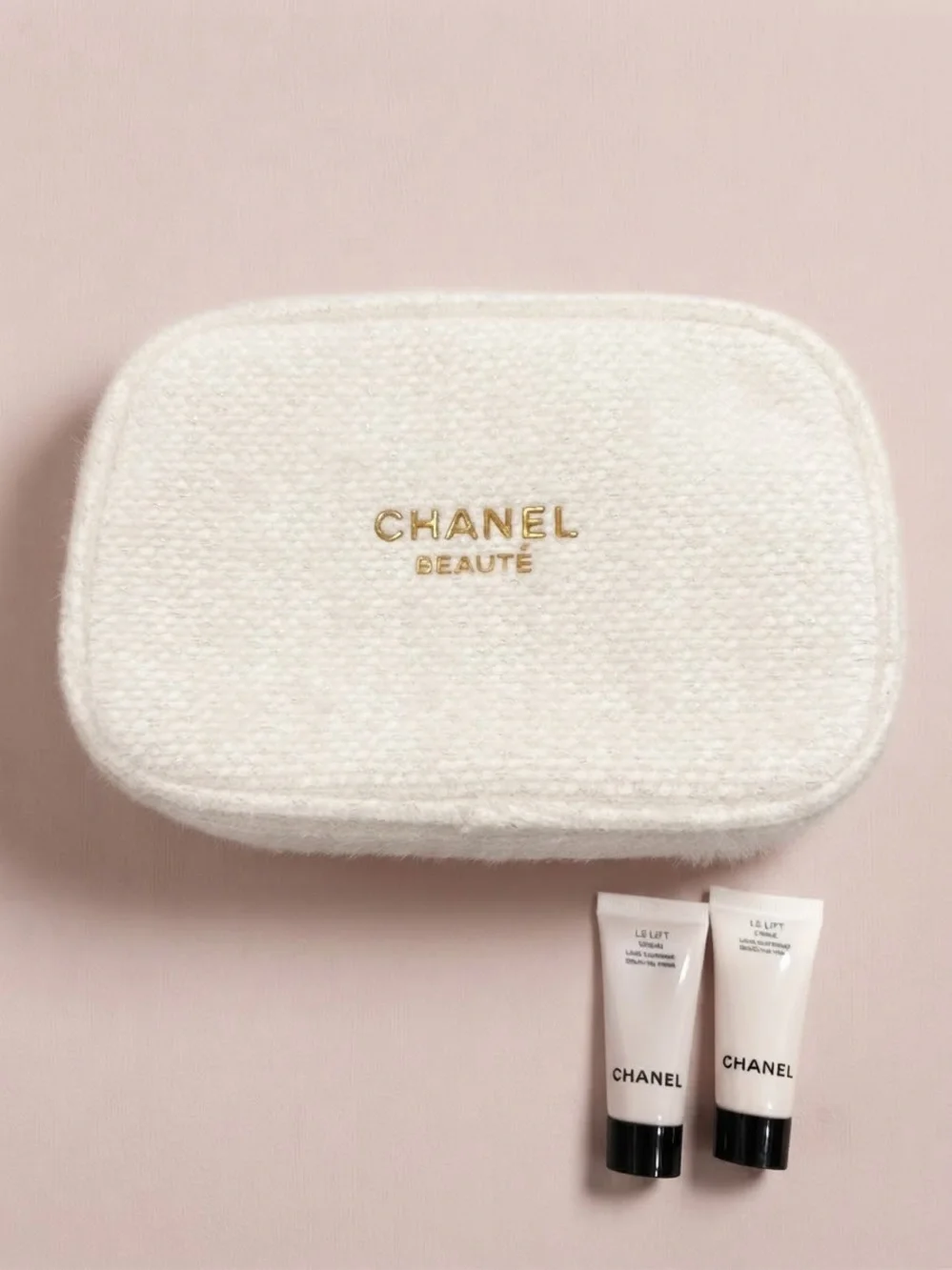 CHANEL White Textured Travel Pouch with Skincare Tube Duo
